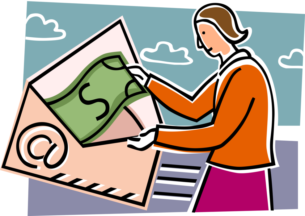 Vector Illustration of Woman Receives Cash Money Dollars via Webmail Email Confirmation of Money Transfer with Envelope