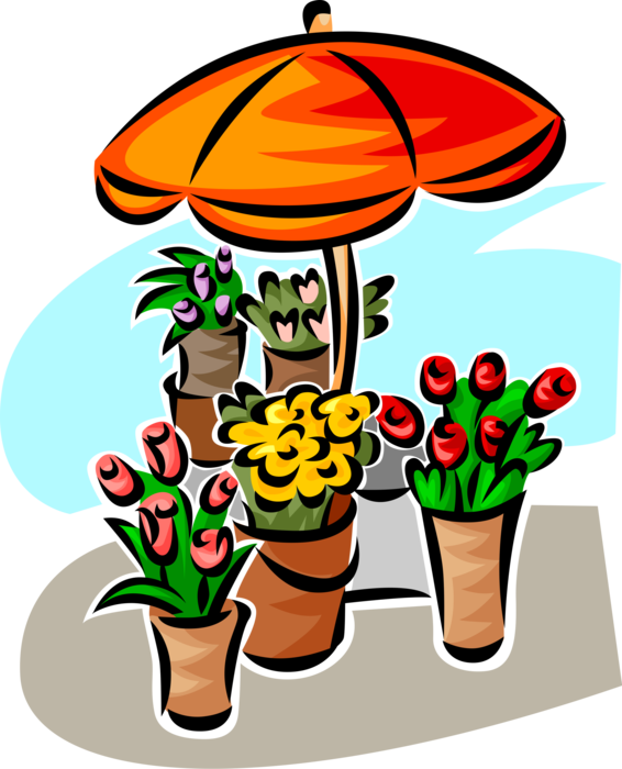 Vector Illustration of Florist Flowers Under Shade Umbrella or Parasol Rain Protection