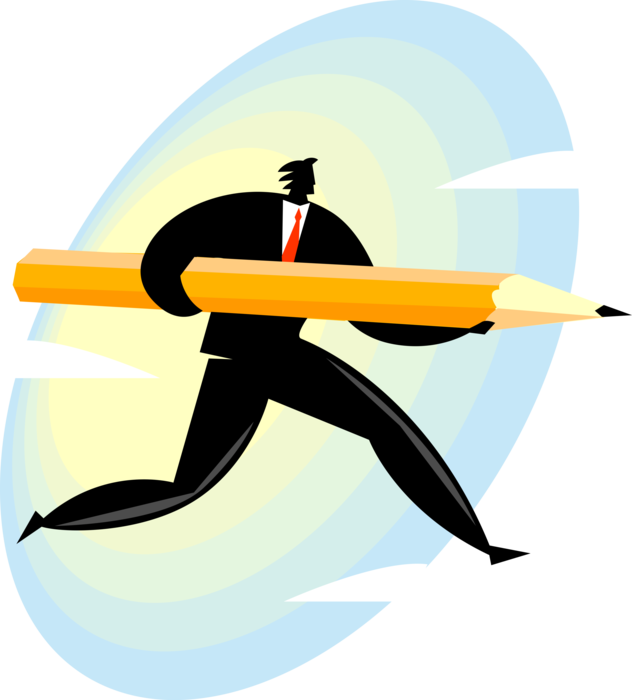 Vector Illustration of Businessman Runs with Pencil Writing Instrument