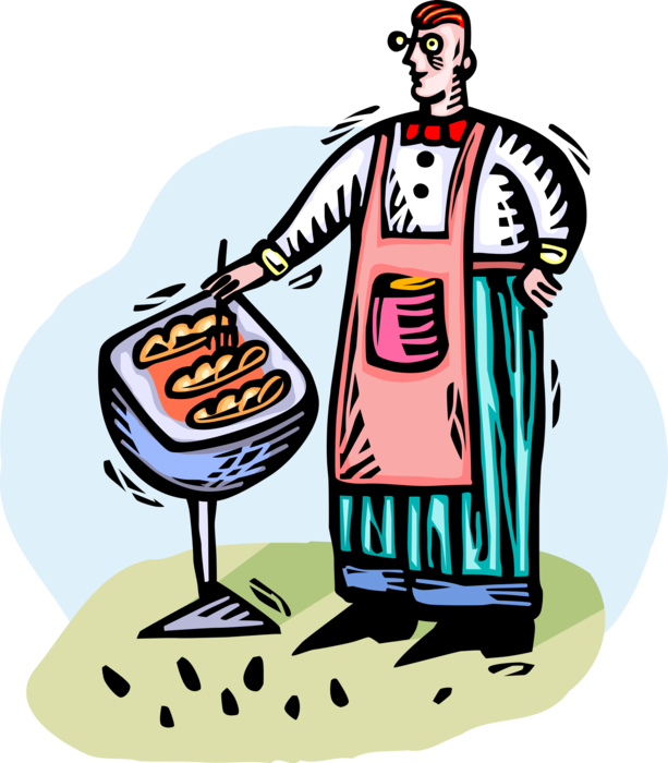 Vector Illustration of Culinary Cuisine Chef Dad Cooks on Barbecue, Barbeque, Bar-B-Que or BBQ Outdoor Cooking Grill 
