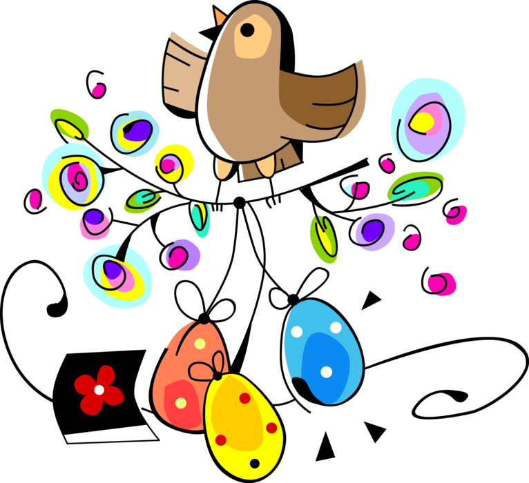 Vector Illustration of Easter Celebration Chick with Decorated Colored Easter Eggs and Spring Flowers