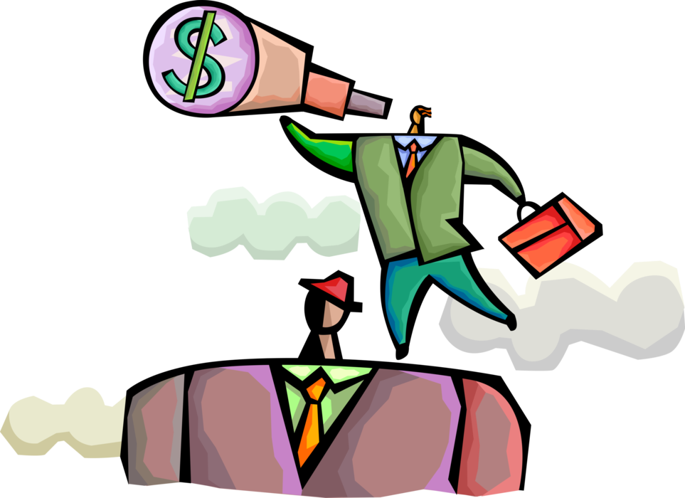 Vector Illustration of Businessman Surveys Economic Horizon with Financial Telescope and Cash Money Dollar Sign