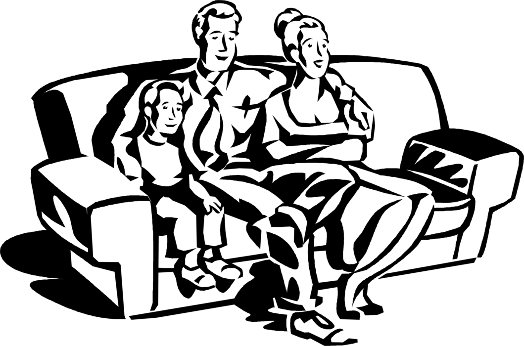 Vector Illustration of Family Sits on Sofa Couch Watching Television