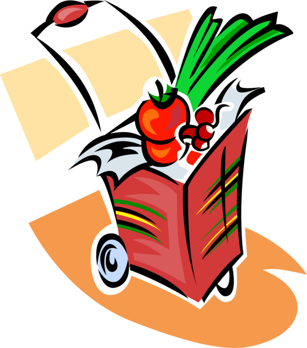 Vector Illustration of Supermarket Grocery Store Shopping Cart with Food Items