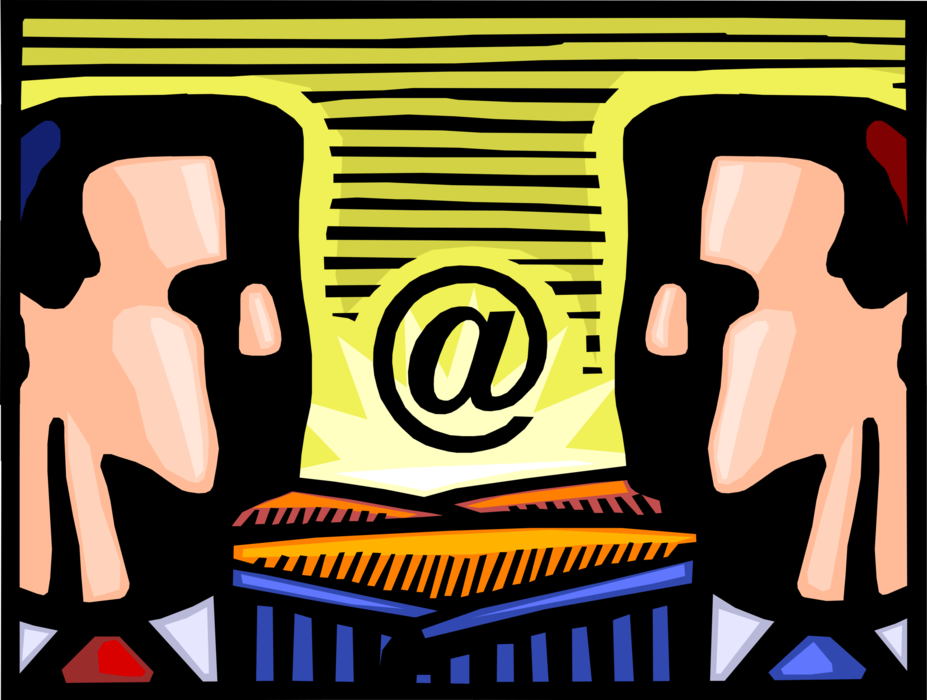Vector Illustration of Businessmen Use Internet Electronic Mail Email Correspondence @ Symbol Exchanges Digital Messages