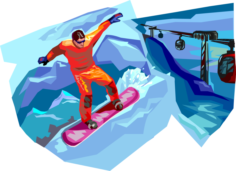 Vector Illustration of Snowboarder on Snowboard at Mountain Resort Snowboarding with Gondola Transport Aerial Lift 