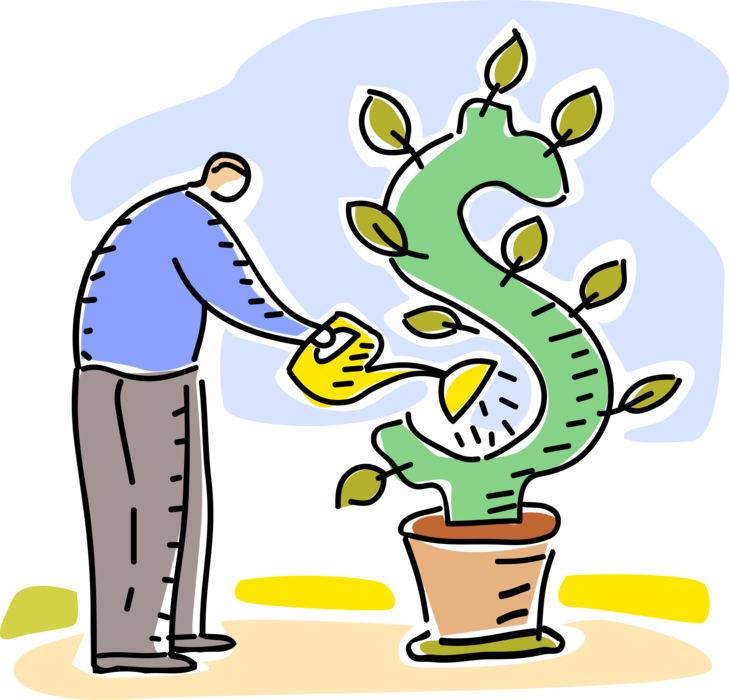 Vector Illustration of Corporate Executive Businessman with Watering Can Waters Financial Profits Money Tree