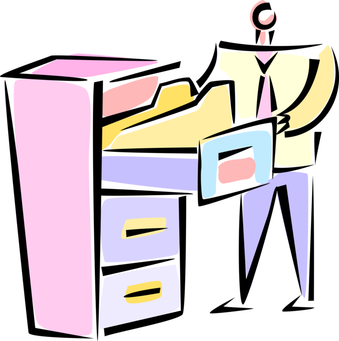 Vector Illustration of Office Worker Opens Filing Cabinet Containing Project Files