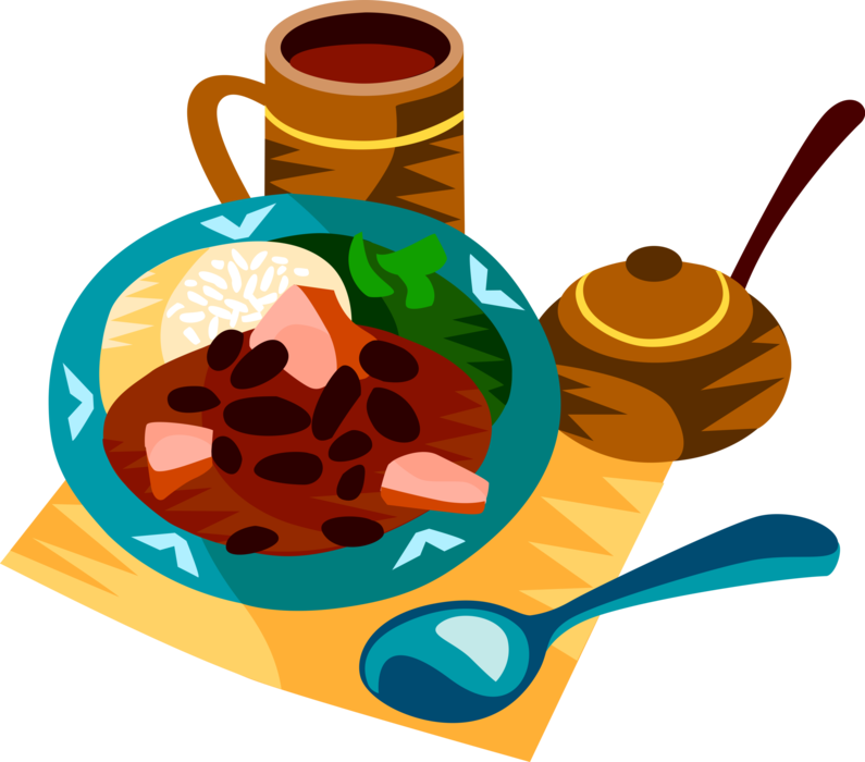 Vector Illustration of Feijoada, Brazilian National Dish of Rice, Beans, & Pork