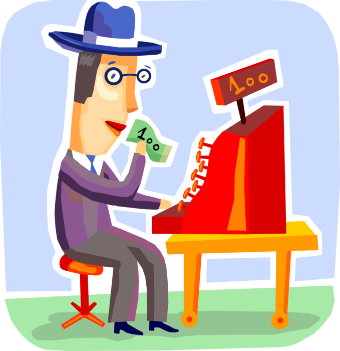 Vector Illustration of Businessman Adds Cash Money Sale to Cash Register for Registering and Calculating Retail Sales Transactions