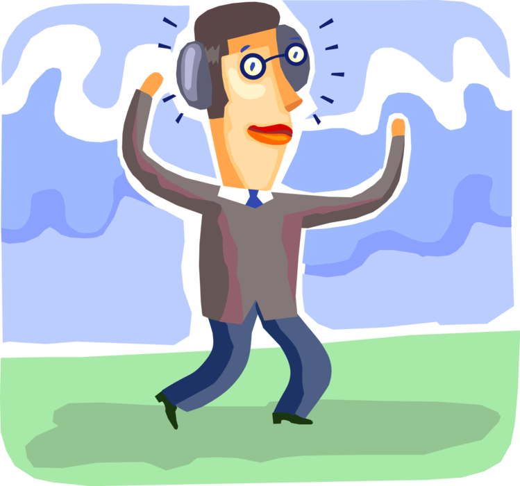Vector Illustration of Dorky Businessman Escapes Responsibilities and Obligations Listening to Streaming Music on Headphones