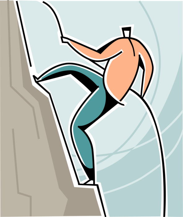 Vector Illustration of Mountaineer Mountain Climber Climbs Steep Vertical Rock Face on Way to Conquering Summit Apogee