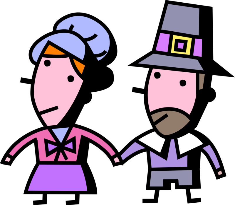 Vector Illustration of American Pioneer Pilgrim Husband and Wife Celebrate Thanksgiving