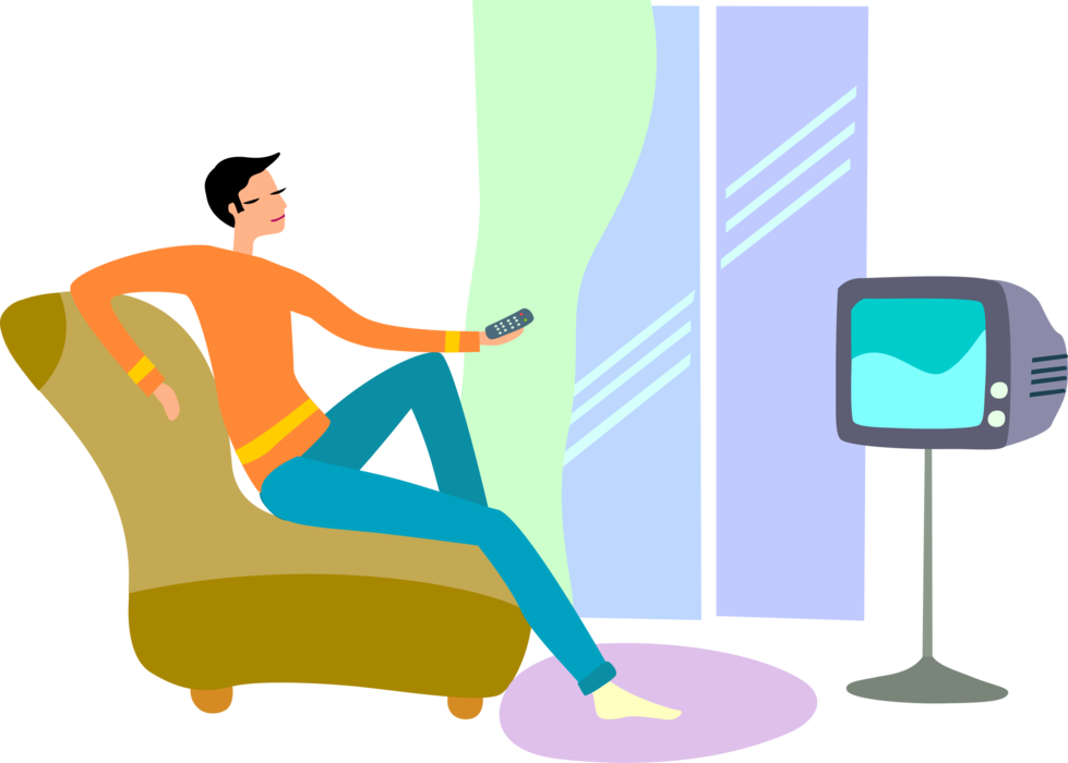Vector Illustration of Relaxing at Home Watching Television or TV Telecommunication Medium with Remote Control