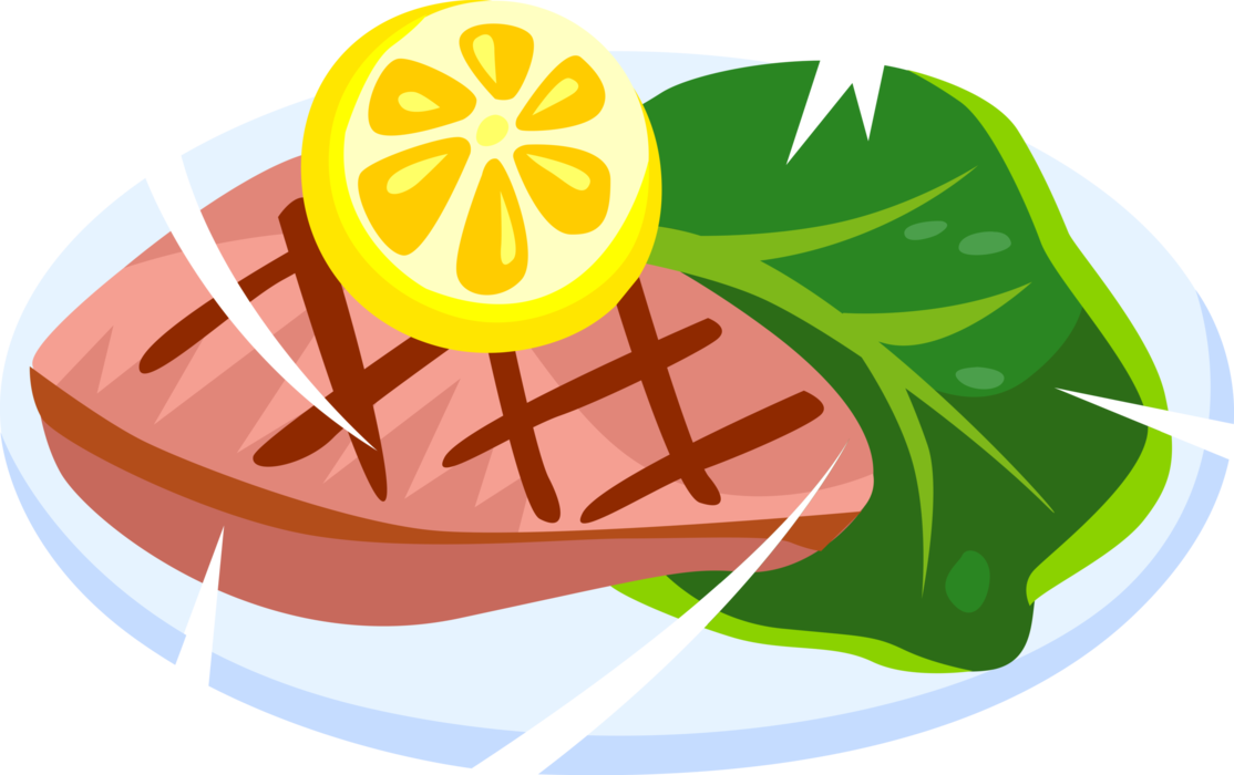 Vector Illustration of Grilled Salmon Fish Steak Dinner Supper Meal with Citrus Lemon and Lettuce Leaf