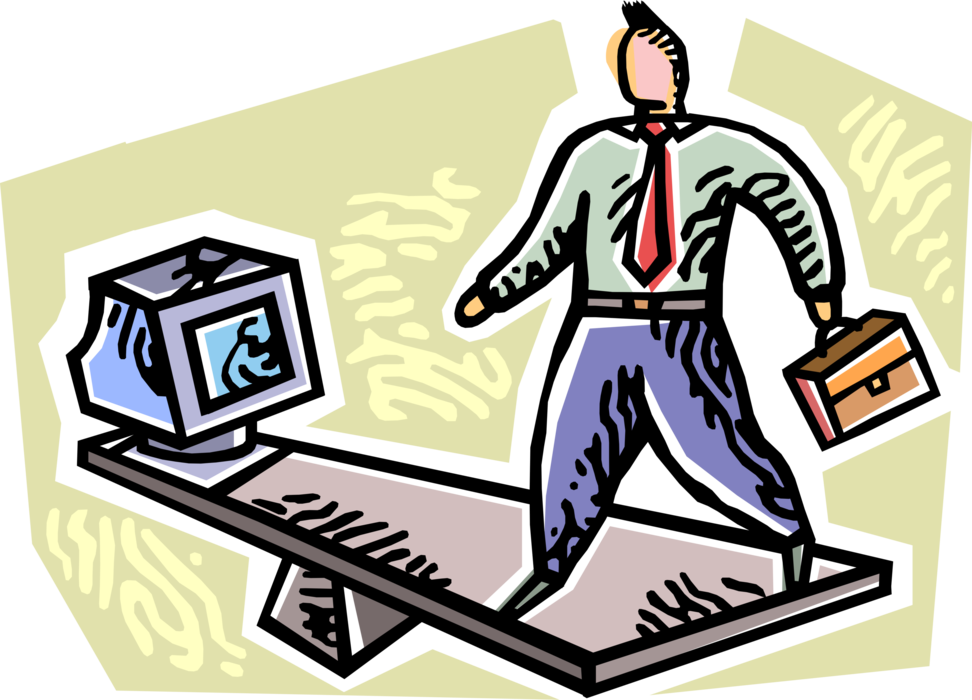 Vector Illustration of Businessman Balances on Fulcrum Pivot with Information Technology Computer