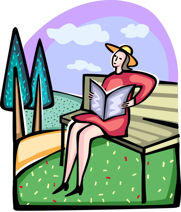 Vector Illustration of Woman Reads Book on Park Bench in Summer