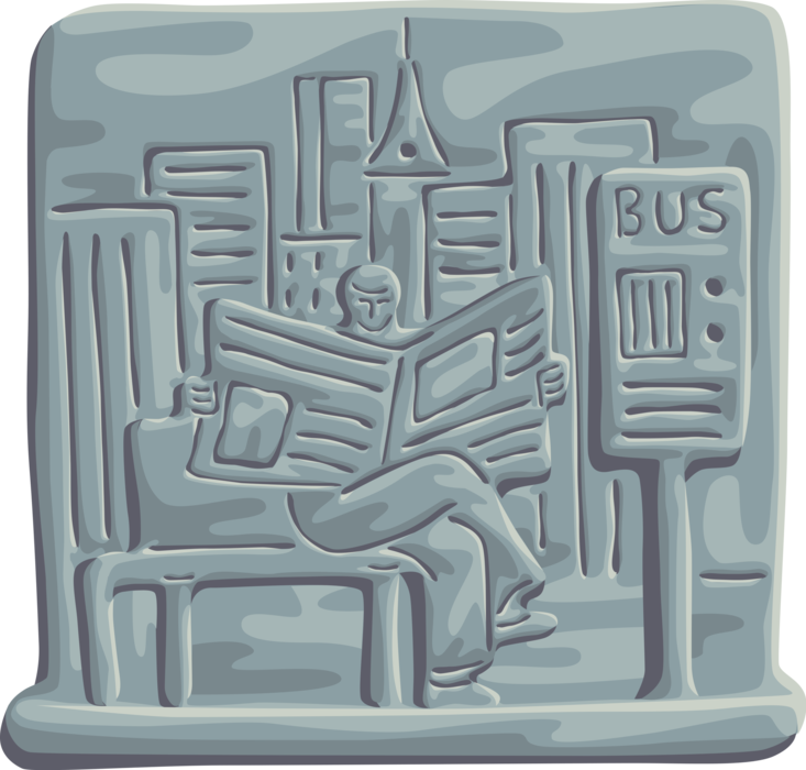 Vector Illustration of Businessman Public Transportation Commuter Passenger Reads Newspaper at Bus Stop