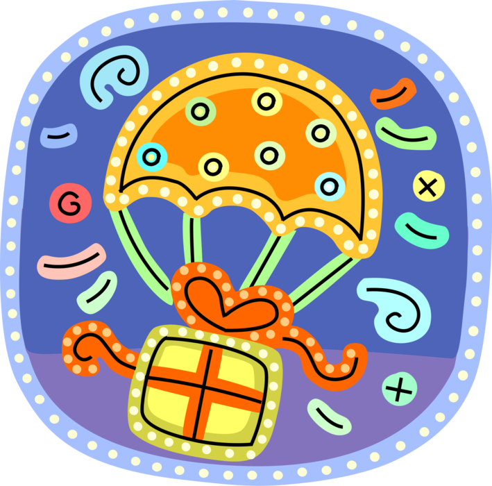 Vector Illustration of Gift Wrapped Birthday Present Floats to Earth with Parachute