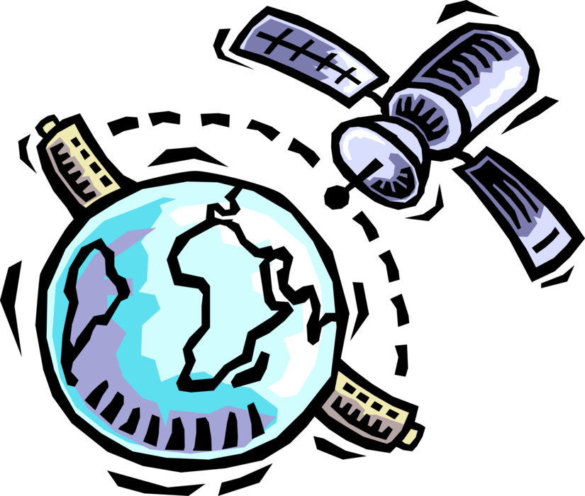 Vector Illustration of Satellite Communications via Space Satellite Artificial Object in Orbit Around the Earth