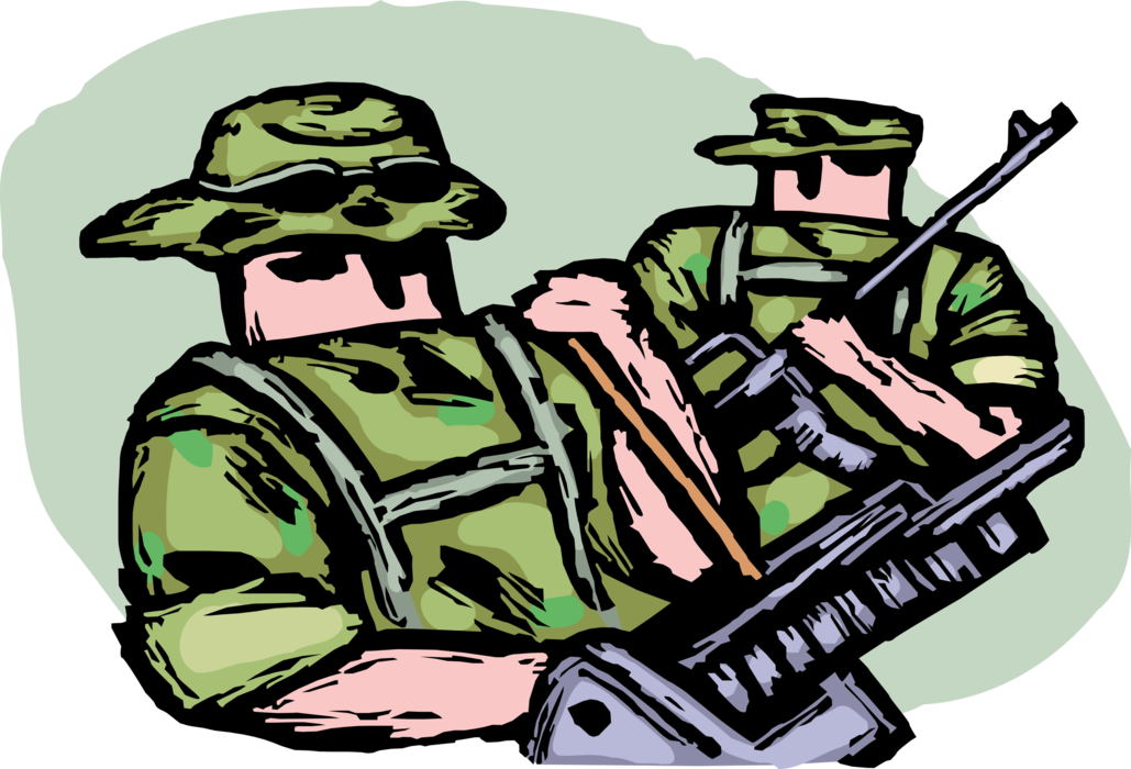 Vector Illustration of Heavily Armed United States Military Soldiers on Patrol in Combat Mission