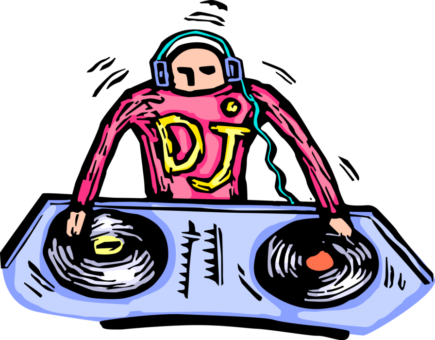 Vector Illustration of Disc Jockey DJ Deejay Spins Music Records on Turntables in Dance Club Nightclub