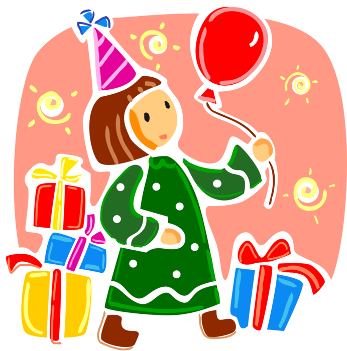 Vector Illustration of Birthday Girl with Party Hat, Balloon, and Gift Wrapped Presents