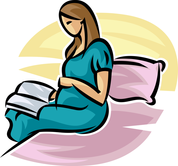 Vector Illustration of Pregnant Expectant Mother Reads Book in Bed