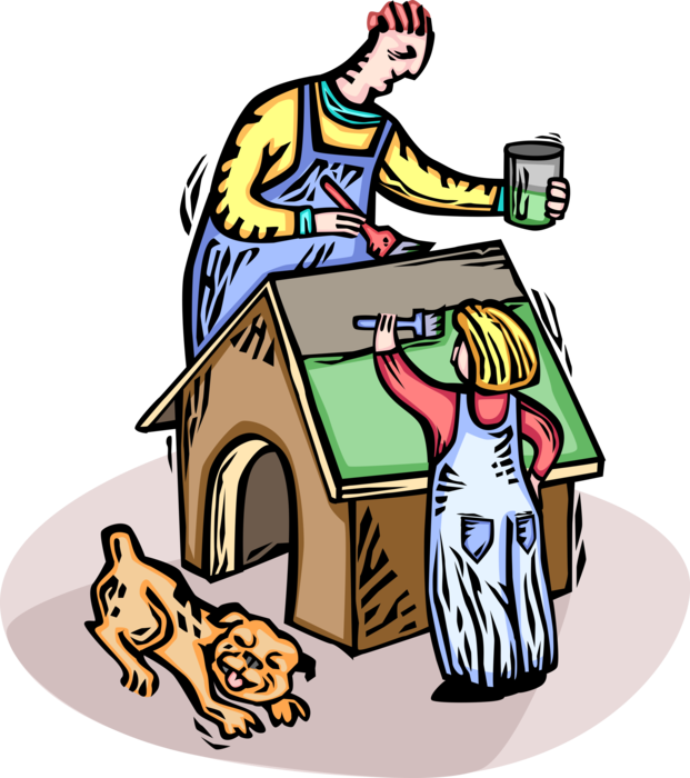 Vector Illustration of Father and Son Build and Paint Doghouse Shelter for Family Pet Dog