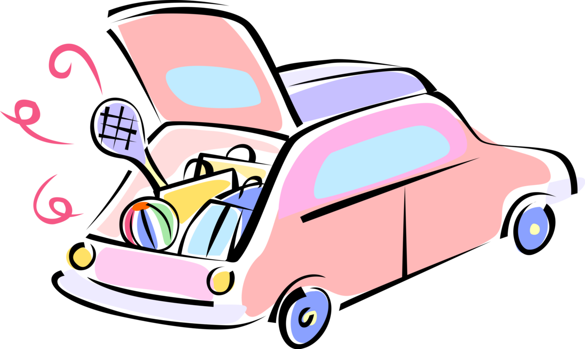 Vector Illustration of Family Vacation Travel Loaded Vehicle with Luggage and Sports Equipment