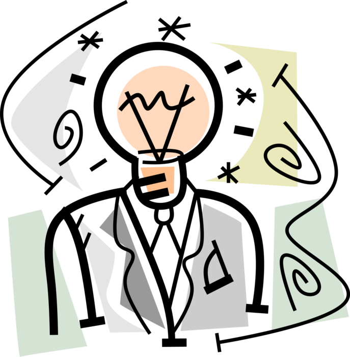 Vector Illustration of Businessman has Head for Ideas with Electric Light Bulb Symbol of Invention, Innovation, and Good Ideas