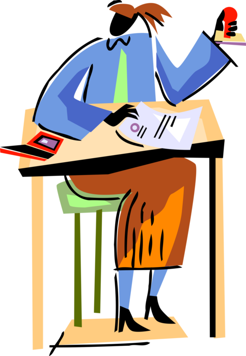 Vector Illustration of Office Clerical Worker at Desk Rubber Stamps Business Documents