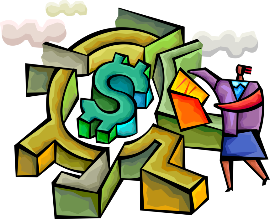 Vector Illustration of Businesswoman Reads Instructions to Navigate Maze Labyrinth with Walls to Reach Financial Goal