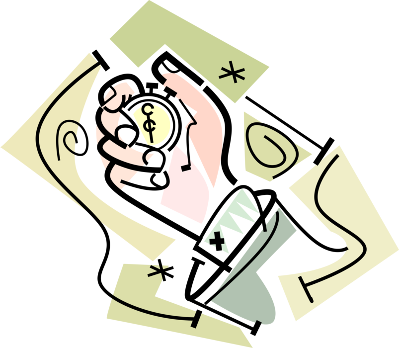 Vector Illustration of Hand Holds Stopwatch Handheld Timepiece Measures Elapsed Time