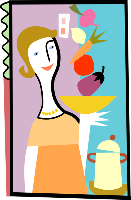 Vector Illustration of Mother Prepares Dinner Meal with Healthy Fresh Food Ingredients