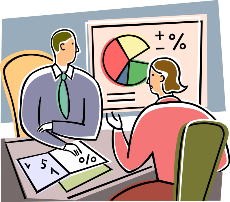 Vector Illustration of Business Associates Discuss Financial and Economic Forecasts with Infographic Charts