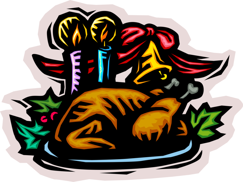 Vector Illustration of Traditional Christmas Roast Poultry Turkey Dinner with Ribbon Bell and Candles