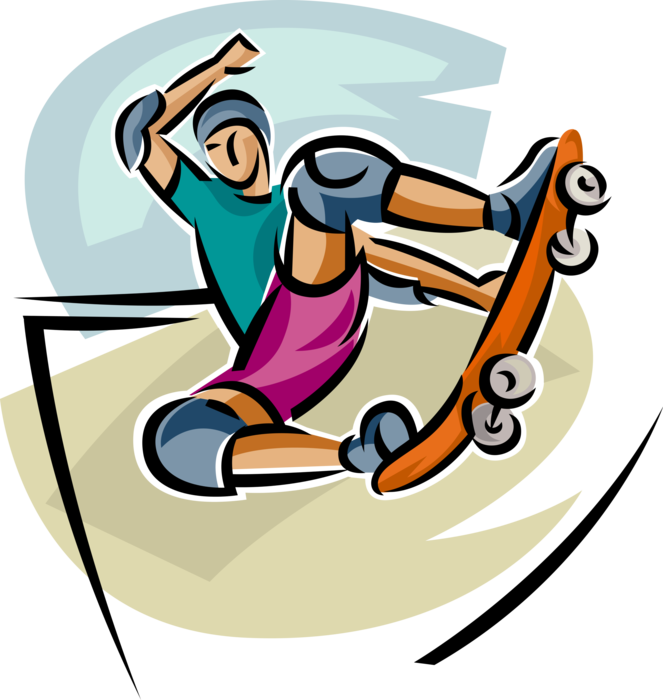 Vector Illustration of Skateboarder Skateboarding the Half-Pipe Performs Aerial Tricks