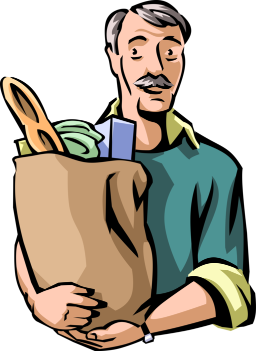 Vector Illustration of Retired Elderly Senior Citizen Food Shopper with Food Groceries in Shopping Bag
