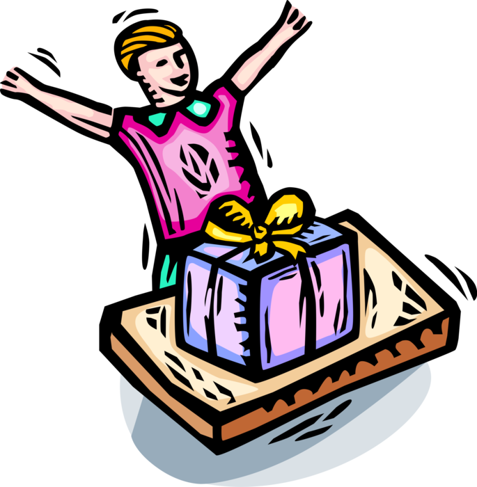 Vector Illustration of Young Birthday Boy Excited to Open Birthday Gift
