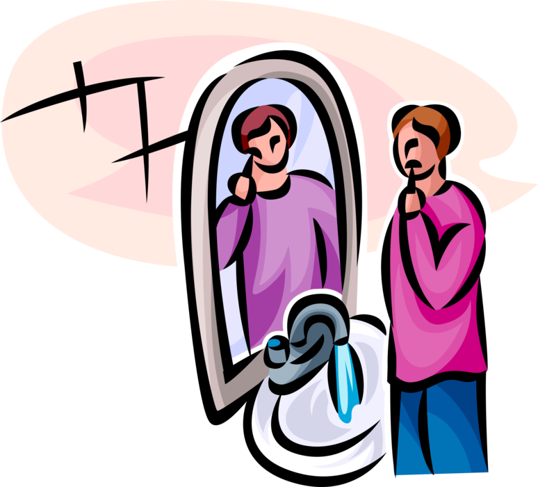Vector Illustration of Dental Oral Hygiene Brushing Teeth with Toothbrush in Bathroom with Sink and Mirror
