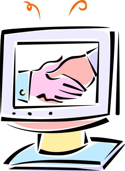 Vector Illustration of Shaking Hands in Introduction Greeting or Agreement on Computer Monitor Screen
