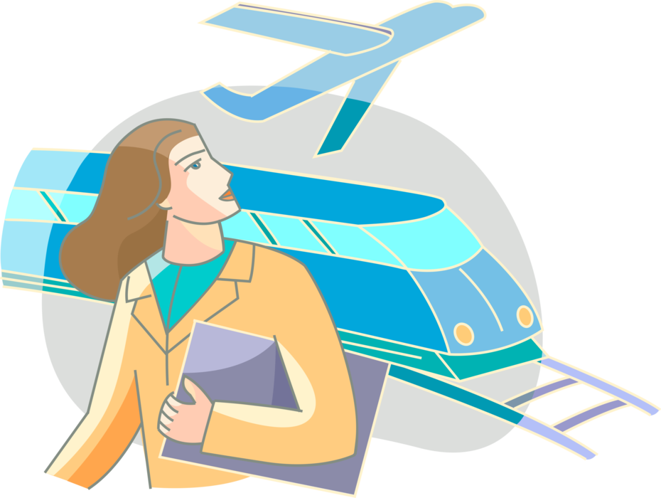 Vector Illustration of Business Traveler with Airline Aircraft Jet Airplane and Railroad Rail Transport Locomotive Railway Train