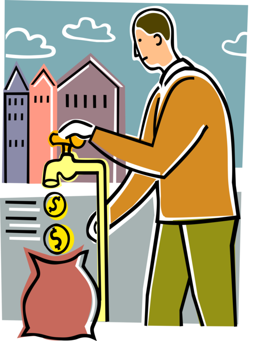 Vector Illustration of Businessman Turns on Money Tap with Cash Flowing from Spigot into Money Bag