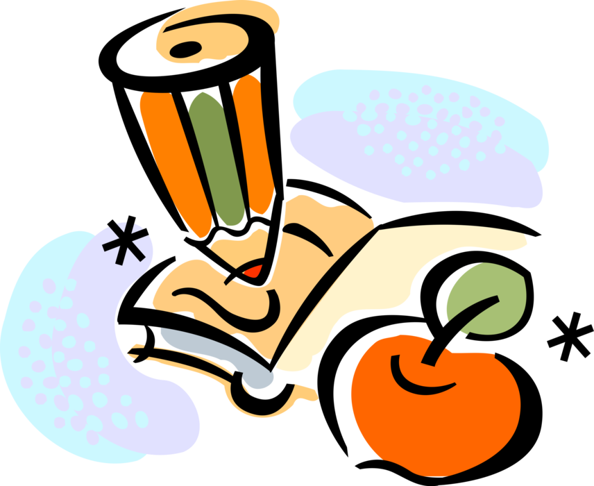 Vector Illustration of Schoolbook Notebook with Pencil Writing Instrument and Apple Symbol of Knowledge and Learning