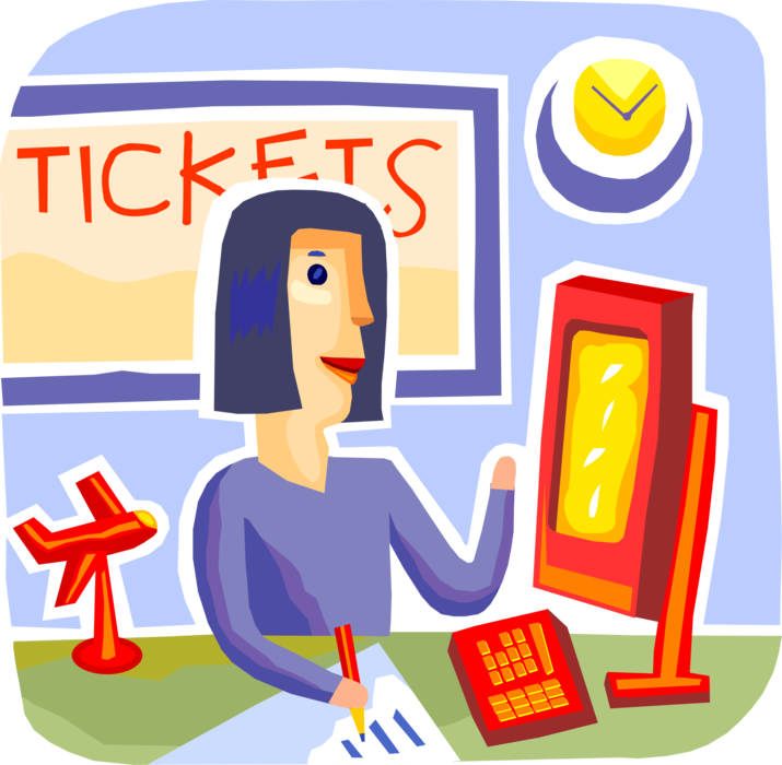 Vector Illustration of Airline Ticketing Agent Works at Ticket Booth in Airport Terminal