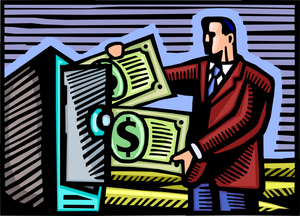 Vector Illustration of Businessman Deposits Financial Cash Money Dollar Investment Savings in Bank Vault Safe