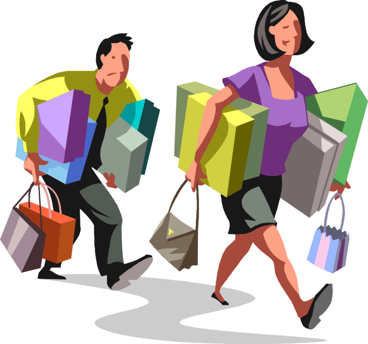 Vector Illustration of Retail Therapy Shopper Couple Walk Home with New Purchase Packages After Shopping Expedition