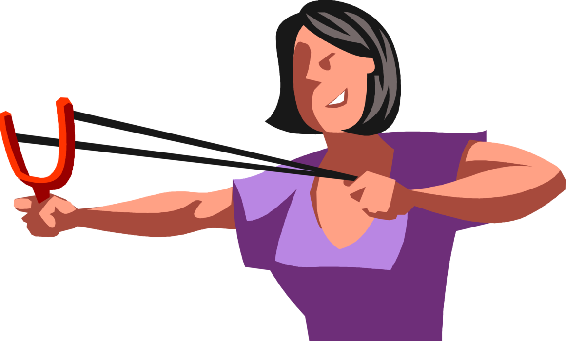 Vector Illustration of Businesswoman Fires Slingshot Projectile to Retaliate from Attack