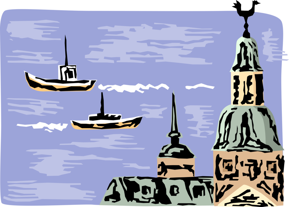 Vector Illustration of Norway Harbor Scene with Fishing Boats